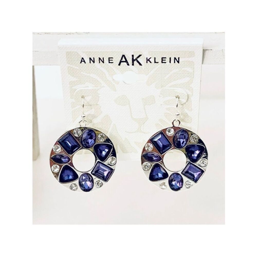 NWT Anne Klein Silver Tone Hoop drop earrings with Purple & White Stones